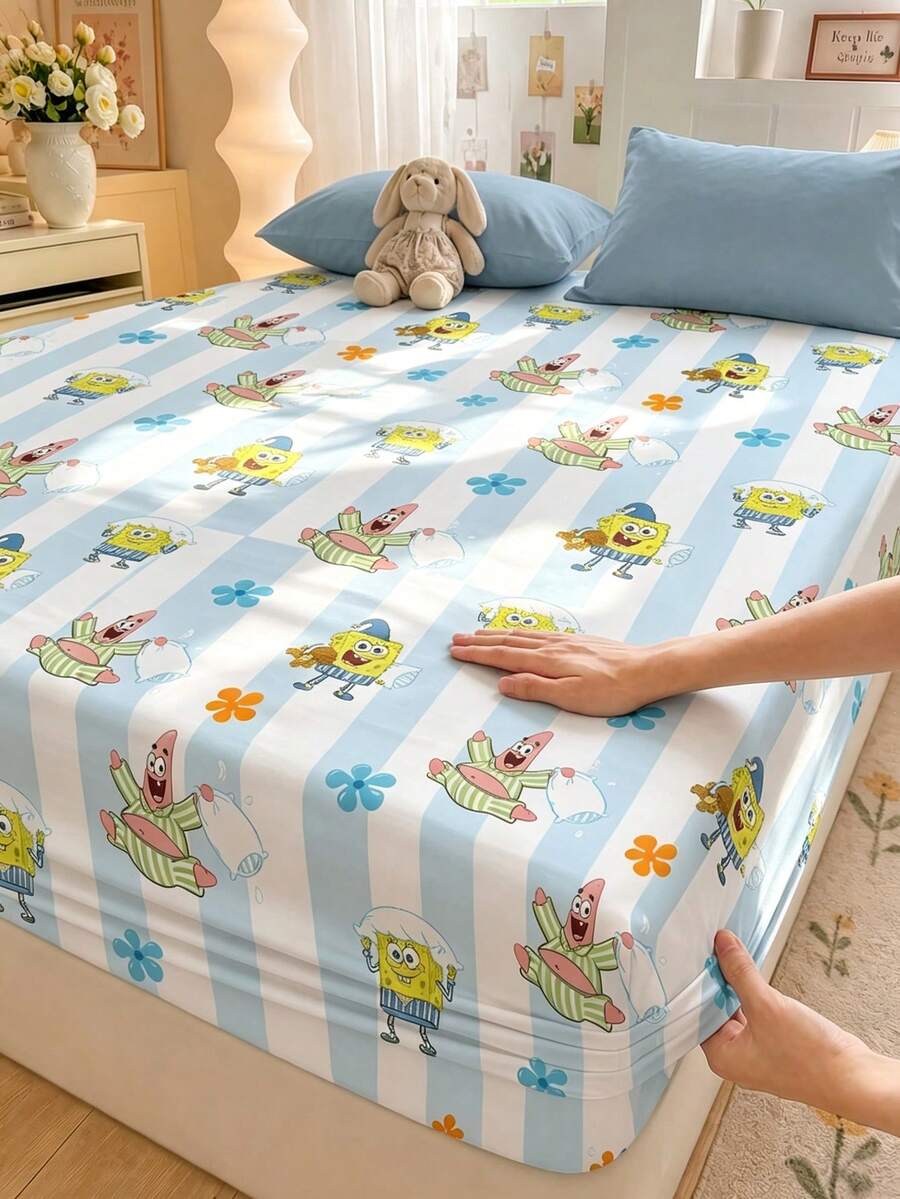 SpongeBob SquarePants | SHEIN 1 Cartoon Mattress (Excluding Pillowcase), Available In A Variety Of Sizes, Suitable For Single Bed/Double Bed/Queen Bed/King Bed, Comfortable And Soft, Breathable And Warm, Machine Washable, Great Gift. - Blue and White - View 1