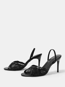 CUCCOO HITCHD Women's Fashion And Sexy Round Lace Embroidered Thread Bead Mesh Fabric, Thin Belt Contrasting Metal PU Material, Small Edge Buckle. Fine Heel Color M - Black - View 3