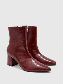 CUCCOO BIZCHIC Women's Retro Alligator Pattern Pressed Leather Pointed Heel Side Zipper Short Boots Burgundy Glossy PU Slim Temperament Autumn And Winter Ankle Boots - Burgundy - View 1