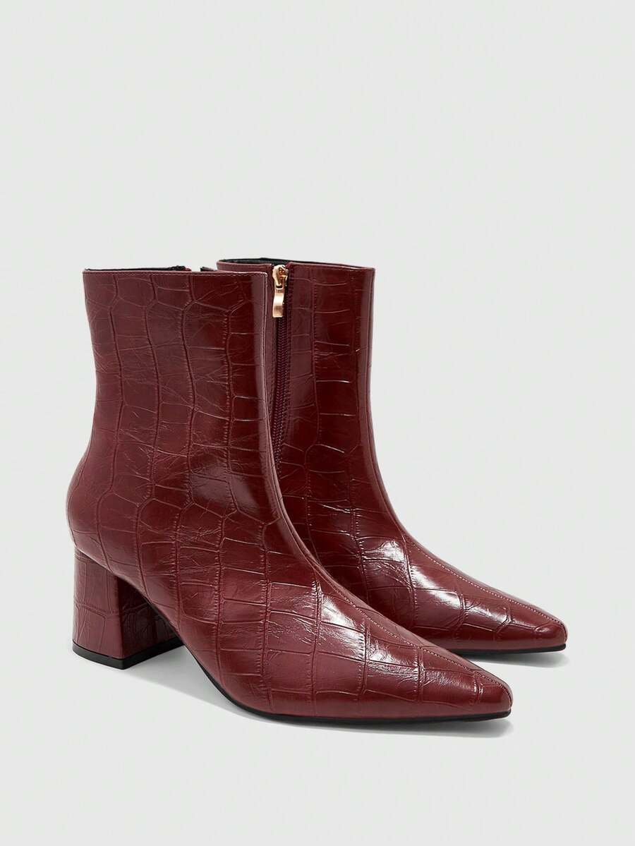 CUCCOO BIZCHIC Women's Retro Alligator Pattern Pressed Leather Pointed Heel Side Zipper Short Boots Burgundy Glossy PU Slim Temperament Autumn And Winter Ankle Boots - Burgundy - View 1