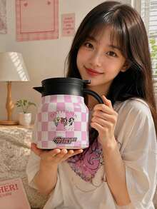 THE POWERPUFF GIRLS X SHEIN 1PC 800ml 1000ml 304 Stainless Steel Long Heat Cold Retention Dust Cover Anti Slip Bottom Lightweight Reusable Pink Grid Character Pattern Thermal Kettle For Commute Hiking Picnic Daily Universal Trending Hydration Container - Multicolor - View 1