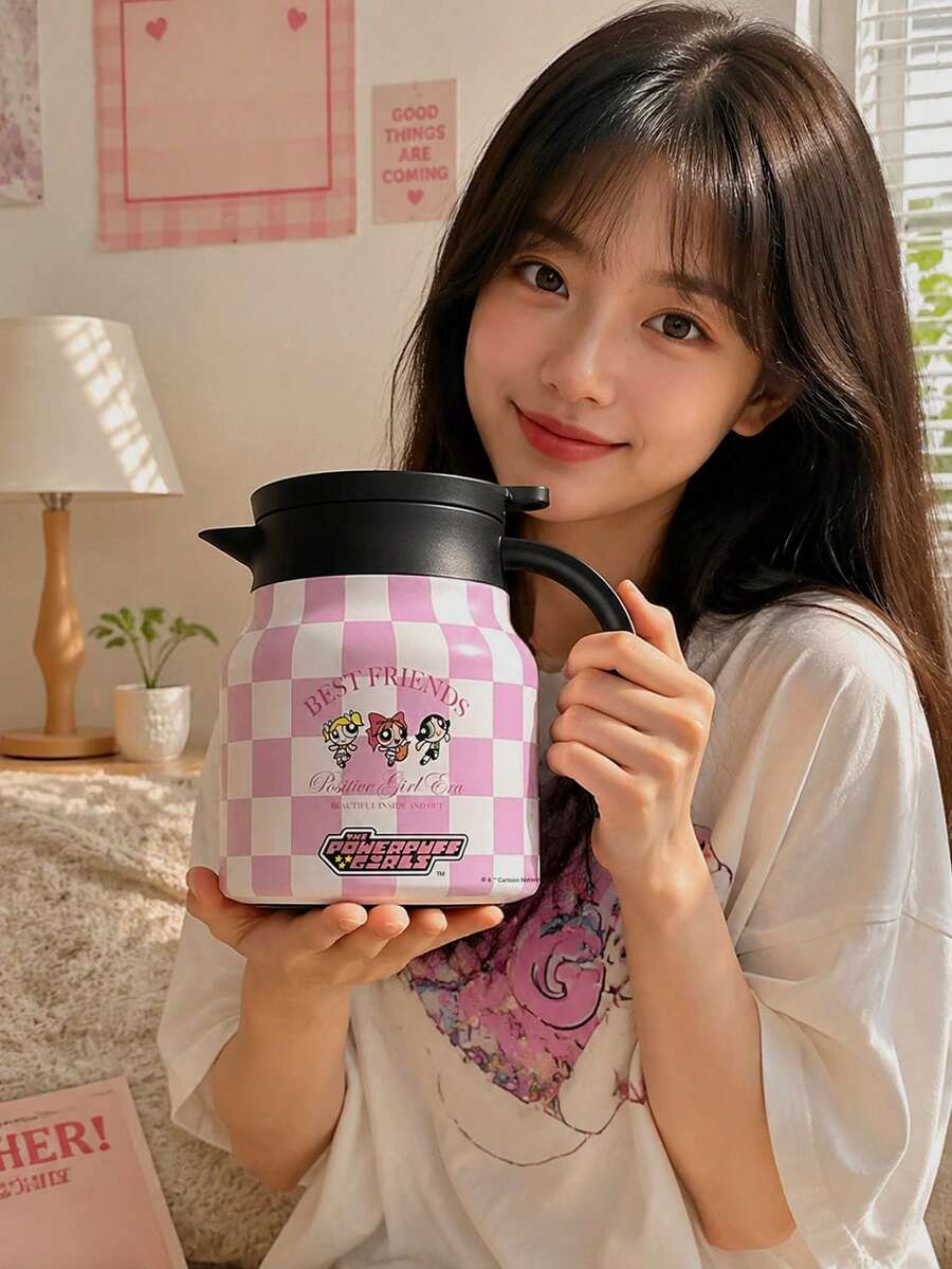 THE POWERPUFF GIRLS X SHEIN 1PC 800ml 1000ml 304 Stainless Steel Long Heat Cold Retention Dust Cover Anti Slip Bottom Lightweight Reusable Pink Grid Character Pattern Thermal Kettle For Commute Hiking Picnic Daily Universal Trending Hydration Container - Multicolor - View 1