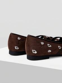 Mnmlis Women's Shoes Spring And Autumn Small Flower Embroidery Cross Elastic Belt Design Low Vamp Small Square Toe Flat Heel Flat Bottom French Retro Gen Fall Shoes - Coffee Brown - View 3