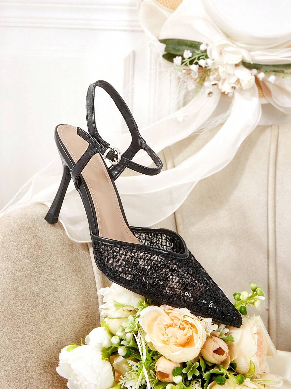 CUCCOO HITCHD Women's Elegant Lace Embroidered Floral V-Neck Pointed Stiletto Heels, Romantic And Sexy Light Pink Mesh Sandals, Suitable For Weddings, Parties, Date