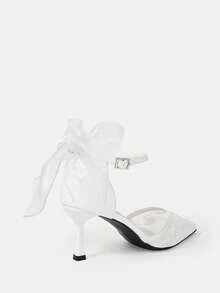 CUCCOO HITCHD Transparent Mesh Embroidered Bridal High Heels, Ankle Strap Bow High Heels, Suitable For Wedding Ceremonies And Bridal Wear. - White - View 5