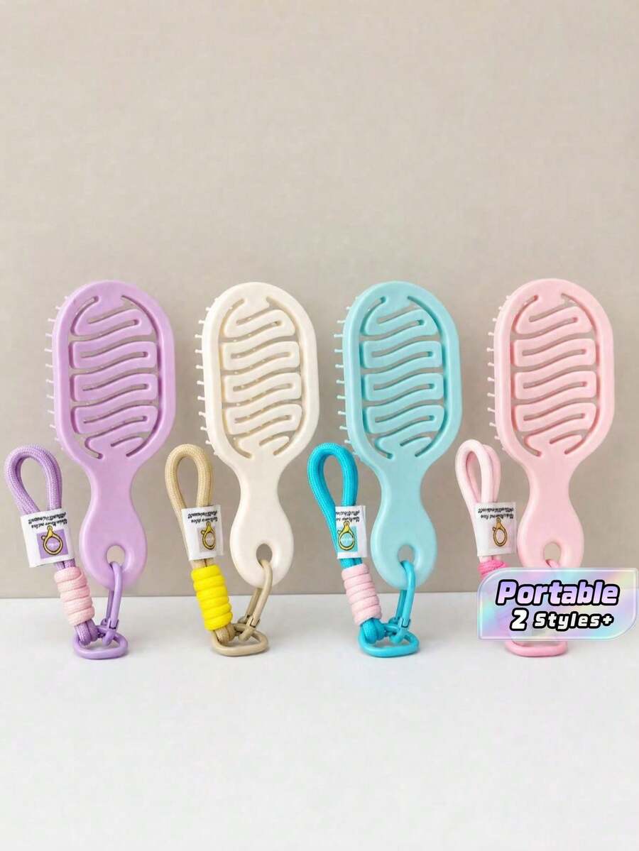 4pcs Mini Oval Portable Hair Brush, Wet Dry Massage Comb With Lanyard - A - View 1
