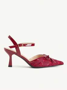CUCCOO CHICEST 女款刺繡花卉露跟高跟鞋，蝴蝶結裝飾尖頭網布細跟涼鞋，優雅露背高跟鞋，適合日常、婚禮、派對 - 紅色 - 查看 3