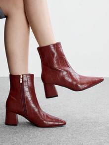 CUCCOO BIZCHIC Women's Retro Alligator Pattern Pressed Leather Pointed Heel Side Zipper Short Boots Burgundy Glossy PU Slim Temperament Autumn And Winter Ankle Boots - Burgundy - View 3