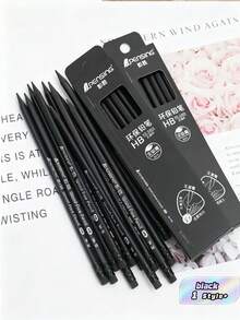 12Pcs Per Box All‑Black HB Pencils, Triangular Barrel Pencils With Eraser, Resin Barrel, Writing Stationery For Office & Business Use - Rectangle - View 1