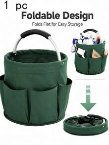 1 Farm-Style Solid Color Garden Tool Storage Bag, Round Bucket-Shaped With 6 Side Pockets And Reinforced Metal Handle, Foldable Oxford Cloth Storage Bag, Large-Capacity Home Garden Organizing Bag - A - View 5