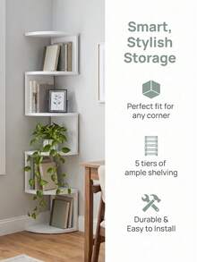 1pc Creative 5‑Tier Semi‑Circular Corner Wall‑Mounted Storage Shelf, Floating Corner Bookshelf Display Rack For Bedroom Living Room, Light Bar Not Included - White - View 3