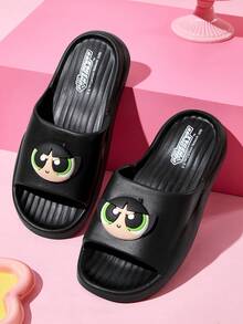 THE POWERPUFF GIRLS X SHEIN 時尚可愛卡通黑色一腳蹬拖鞋 防滑快乾浴室涼拖，輕量耐用 EVA 材質，居家室內使用 - 黑色 - 查看 2