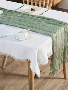90*180cm Bohemian Polyester Table Runner, Sage Green Solid Color Wrinkle Textured Table Cloth, Fabric Table Mat For Holiday Dining Room Bedroom Decoration, Wedding Party Housewarming Gift - Green - View 7