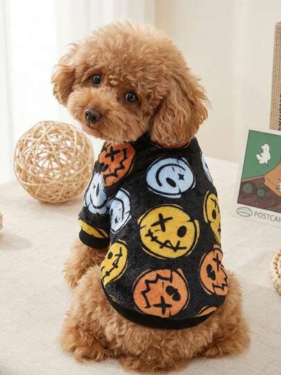 PETSIN 1pc Pets Universal Fleece Sweatshirt With Colorful Smiling Face Print, Warm & Comfortable, Suitable For Dogs And Cats