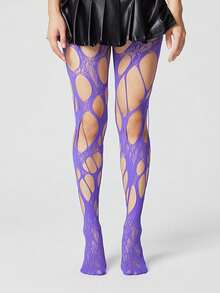 ROMWE 1Pair Of Dark Gothic Purple Hollow Fishing Net Socks - Purple 8 - View 3
