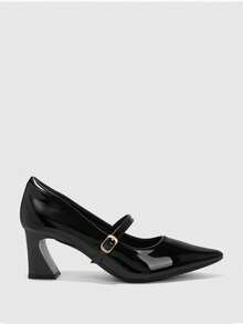 CUCCOO BIZCHIC Women's, Black, Glossy Texture, Pointed Mary Jane, Thick Heels, Workplace Commuter Dress, Work Shoes. - Black - View 3