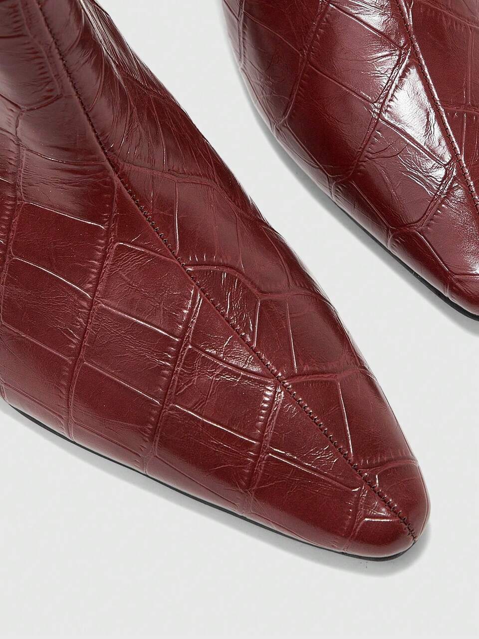CUCCOO BIZCHIC Women's Retro Alligator Pattern Pressed Leather Pointed Heel Side Zipper Short Boots Burgundy Glossy PU Slim Temperament Autumn And Winter Ankle Boots