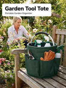 1 Farm-Style Solid Color Garden Tool Storage Bag, Round Bucket-Shaped With 6 Side Pockets And Reinforced Metal Handle, Foldable Oxford Cloth Storage Bag, Large-Capacity Home Garden Organizing Bag - A - View 2