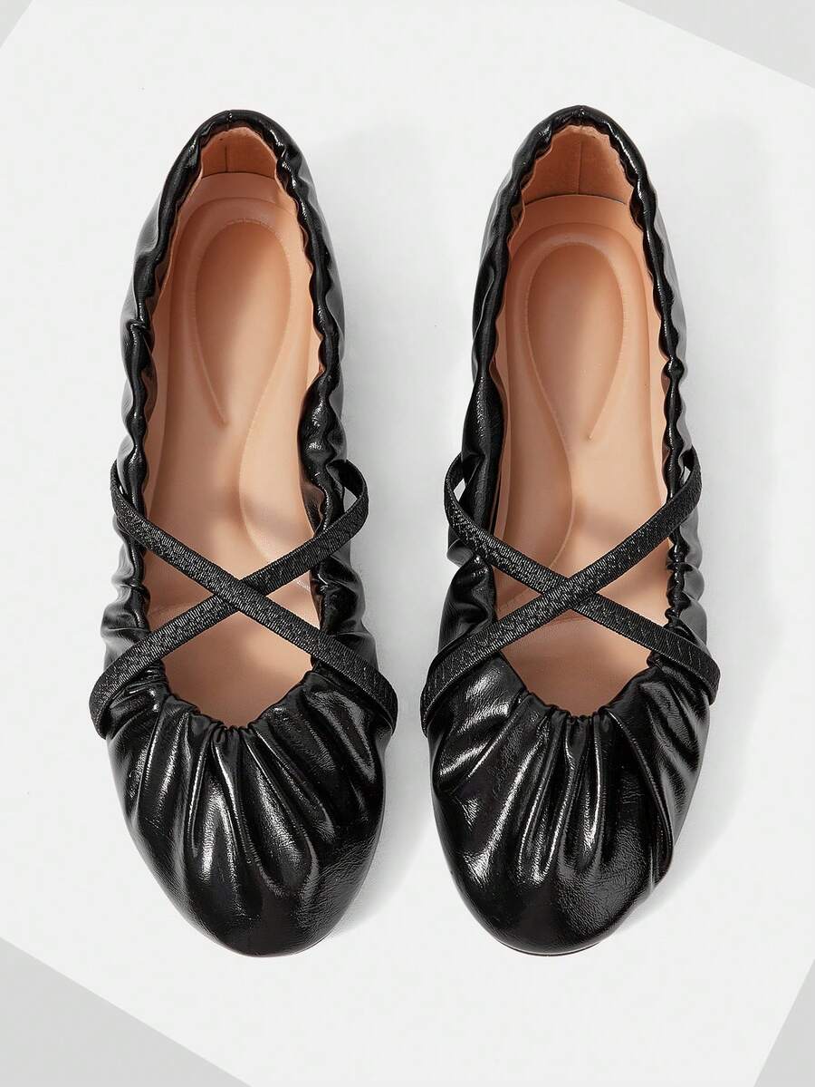 Mnmlis Women's Soft Leather Round Toe Flat-Soled Shoes, Cross-Strap Pleated Insole Embossed Design, Gentle Style Commuting Daily Versatile - Black - View 1