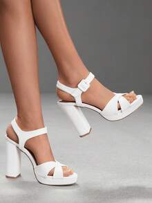 CUCCOO SZL White Ankle Strap Comfort Coarse Heel High Heel Sandals Party Dating - White - View 2