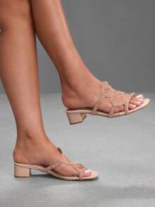 CUCCOO SZL Sandal Slip-On Hak Tebal Seksi Motif Ular dengan Hiasan Berlian Imitasi, Tali Silang Berlian Imitasi yang Indah, Elegan dan Seksi, Cocok untuk Kencan, Perjalanan Sehari-hari/Kencan/Pesta Malam/Jalan-jalan di Kampus/Pernikahan/Belanja/Perjalanan - Aprikot - View 1