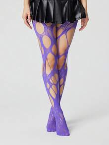 ROMWE 1Pair Of Dark Gothic Purple Hollow Fishing Net Socks - Purple 8 - View 1