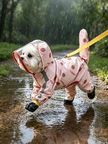 1件泰迪熊印花狗狗雨衣，可愛卡通風格防水聚酯纖維附TPU內裡，全身體型四腿設計，附透明連帽、牽繩孔與靴筒，適合泰迪等小型犬 - 彩色 - 查看 4