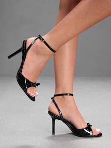 CUCCOO SZL 9CM Women's High Heel Sandals With Cross Straps, Cute Bow, Glossy Black High Heels, Versatile Comfortable Daily Commute Party Date Gathering Outdoor Wear Women's Shoes - Black - View 7