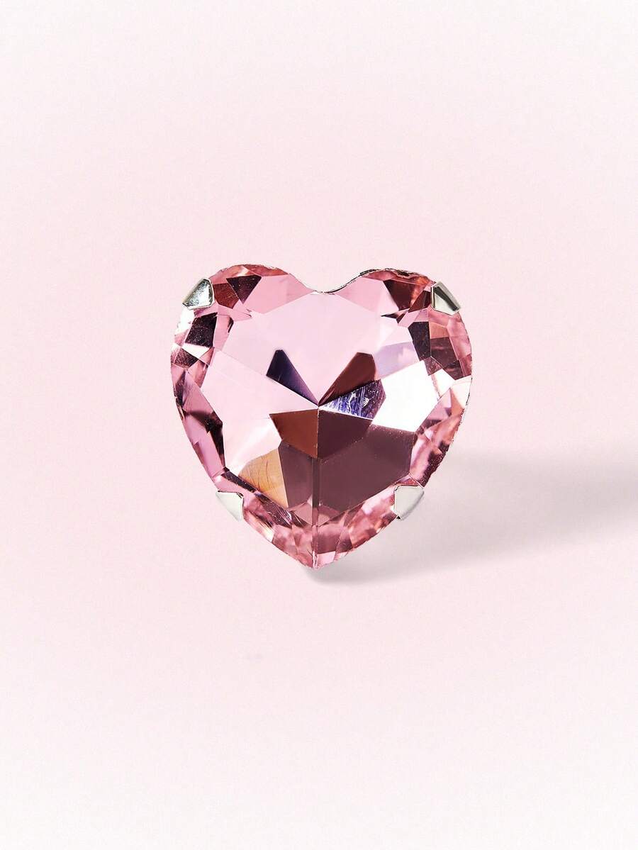 Popjeli Faceted Love Powder Crystal Ring Y2K Sweet And Cool Girl Ring - Silver - Pink - View 1