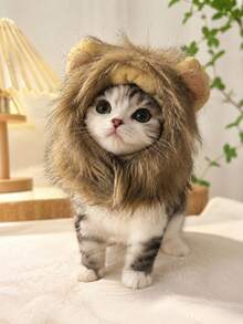 Funny Lion Mane Pet Wig Hat With Ears, Cute Cat Dog Cosplay Headwear, Halloween Party Costume Photo Prop For Kitten Small Dogs - Brown - View 6