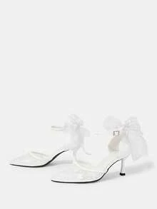 CUCCOO HITCHD Transparent Mesh Embroidered Bridal High Heels, Ankle Strap Bow High Heels, Suitable For Wedding Ceremonies And Bridal Wear. - White - View 4