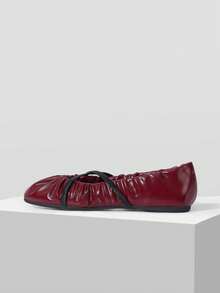 Mnmlis Women's Soft Leather Round Toe Flat-Soled Shoes, Cross-Strap Pleated Insole Embossed Design, Gentle Style Commuting Daily Versatile Fall Shoes - Burgundy - View 6