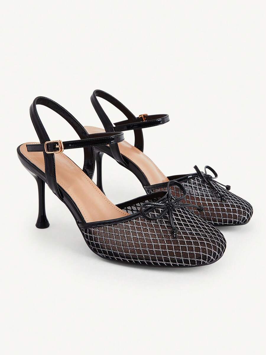 CUCCOO CHICEST Ladies' New Sexy Stiletto Fashion Mesh Bow Square Toe Sandals, Black Elegant Fairy Style Dating - Black - View 1