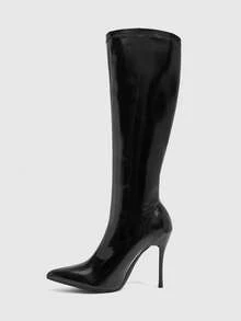 CUCCOO SZL 黑色亮面尖頭高跟彈性長靴，Spice Girls 秋冬款 - 黑色 - 查看 4