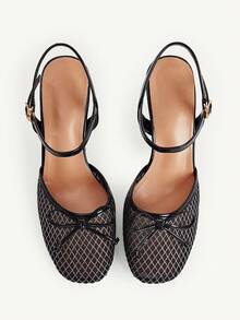 CUCCOO CHICEST Ladies' New Sexy Stiletto Fashion Mesh Bow Square Toe Sandals, Black Elegant Fairy Style Dating - Black - View 2