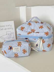 Found Favorite 1Pc/Set Cute Bear Pattern Large Capacity Multifunctional Cosmetie Bag ,Travel Makeup Bag ,Girls Make Up Bag ,Back To School Wallet Pouch Portable - Blue - View 11