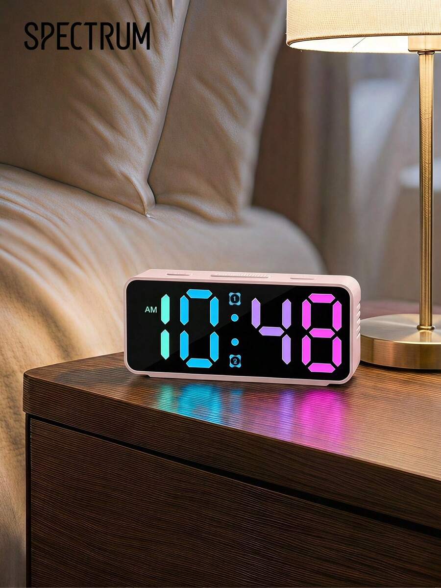 1pc RGB Digital LED Alarm Clock, 15 Color Modes, Large Mirror Display, Dual Alarms, Adjustable Brightness, USB-C Powered Desk Clock For Bedroom Office - multicolor - View 1