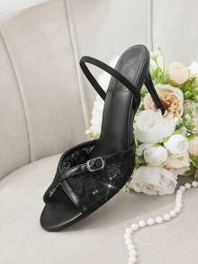 CUCCOO HITCHD Women's Fashion And Sexy Round Lace Embroidered Thread Bead Mesh Fabric, Thin Belt Contrasting Metal PU Material, Small Edge Buckle. Fine Heel Color M - Black - View 7