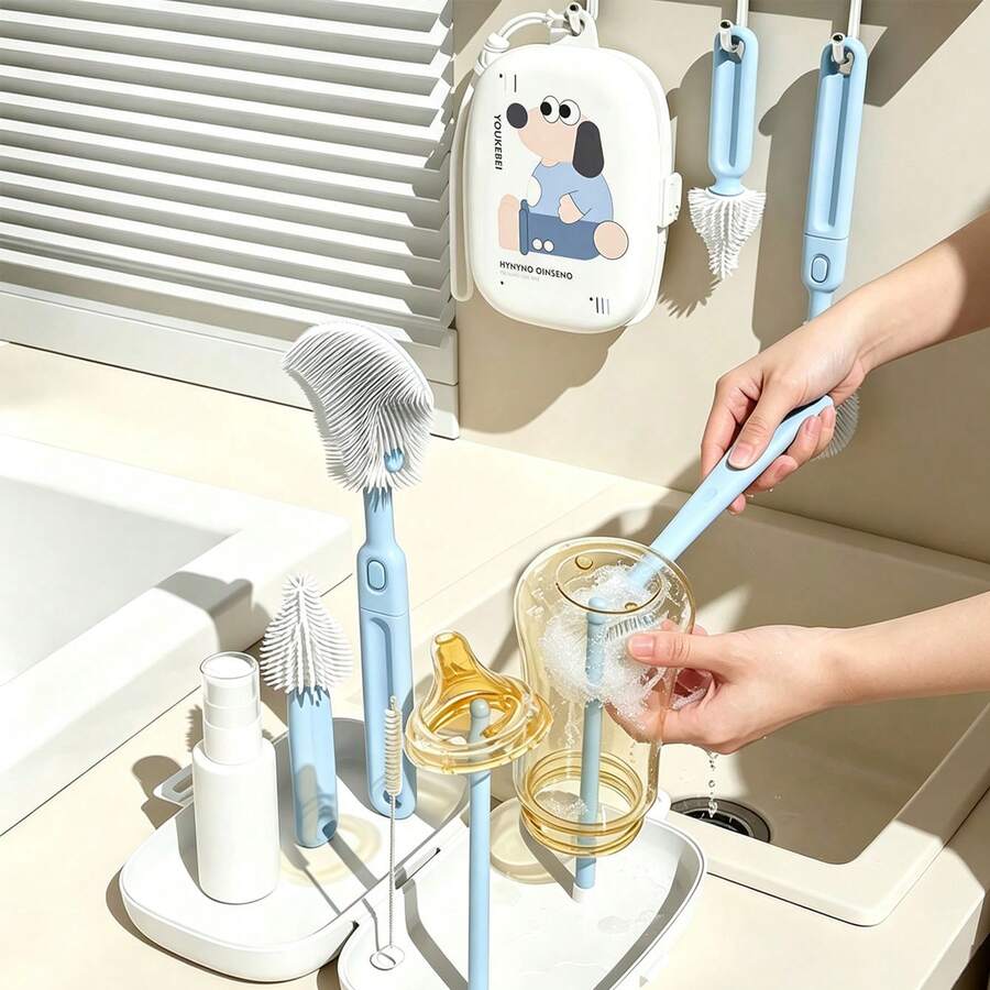 便攜式嬰兒奶瓶刷組,包含奶瓶刷、奶嘴刷、吸管刷、瀝水架和收納盒,適合旅行或出遊使用 - 彩色 - 查看 1