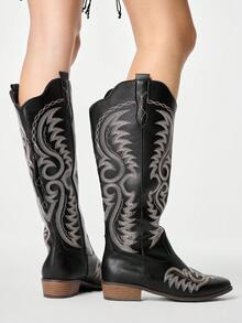 ROMWE Fairycore Sandales à talons pour femmes, talons épais, talons hauts, bottes mi-mollet, bottes à semelle épaisse avec broderie, bottes hautes à découpe en V, bottes de chevalier, bottes occidentales longues à bout pointu - Noir - Voir 2