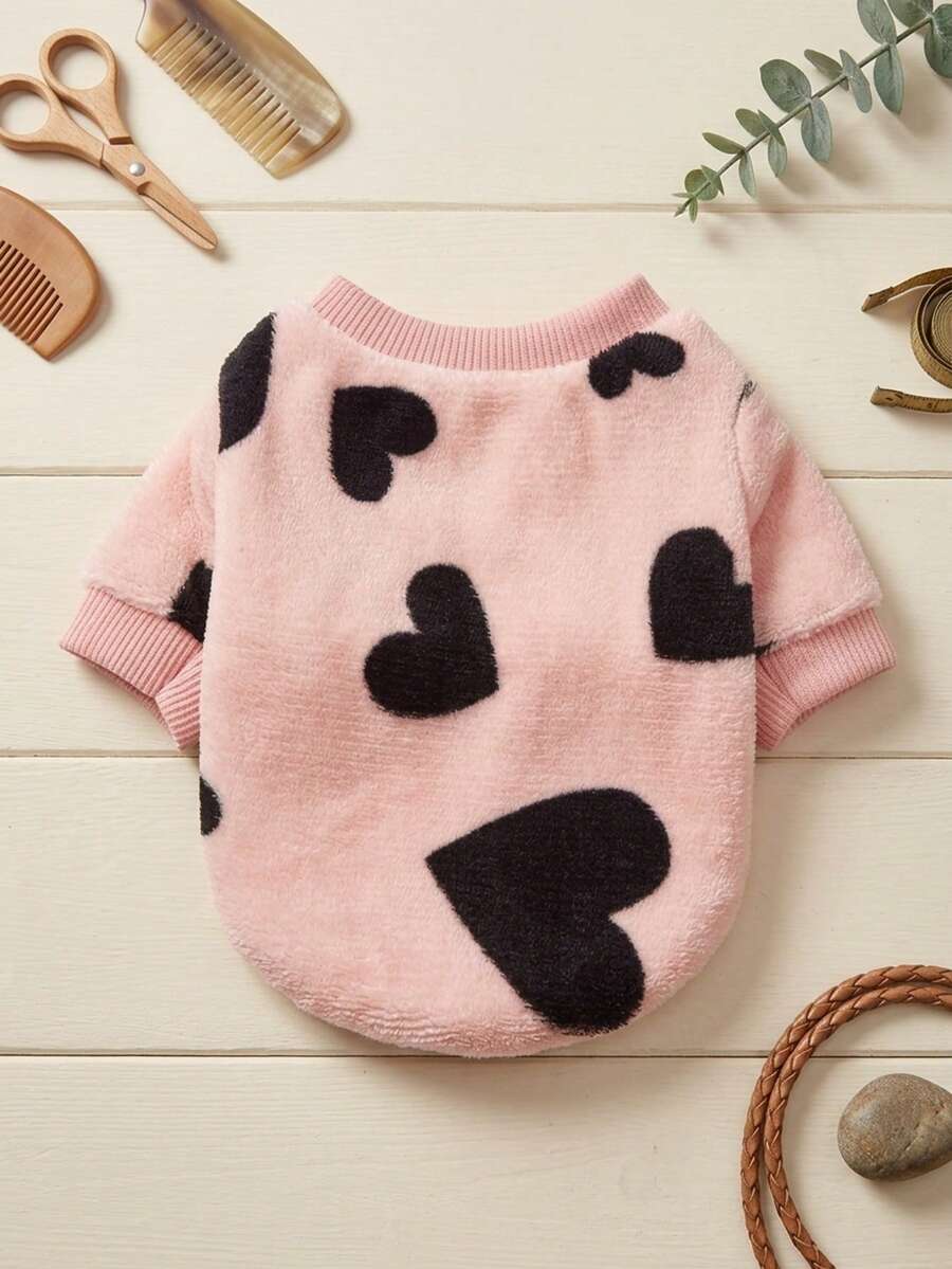 PETSIN 1 Pc Pet Puppy & Kitty Pink Flannel Heart Print Warm Crew Neck - Multicolor - View 1