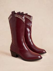 Rosivie Autumn And Winter Thick Heel Embroidery Geometric Pattern Retro Commuter Mid Tube Knight Boots - Burgundy - View 3
