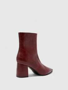 CUCCOO BIZCHIC Women's Retro Alligator Pattern Pressed Leather Pointed Heel Side Zipper Short Boots Burgundy Glossy PU Slim Temperament Autumn And Winter Ankle Boots - Burgundy - View 8