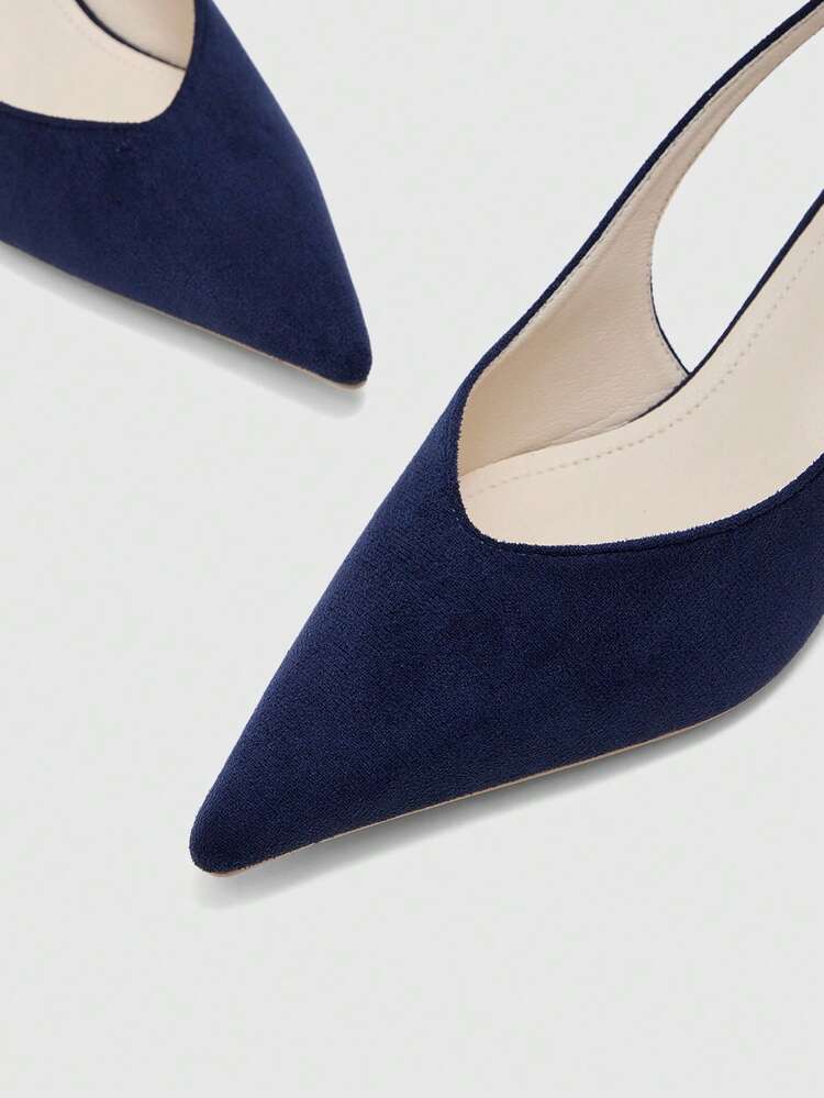 CUCCOO BIZCHIC Giày cao gót nữ màu xanh navy bằng da lộn, phong cách đơn giản thời trang, đi làm hằng ngày, gót nhọn, quai hậu slingback - Màu xanh hải quân - Xem 8