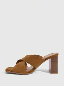 CUCCOO SZL Brown Coffee Cross With Square Toe Thick Heel Outside Wearing Elegant Women's Sandals - Brown - View 5