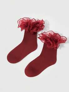 ROMWE 1 Pair Of Sweet Kawaii Two Wear Burgundy Lace Mid-Tube Socks - Burgundy - View 6