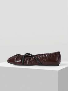 Mnmlis Women's Soft Leather Round Toe Flat-Soled Shoes, Cross-Strap Pleated Insole Embossed Design, Gentle Style Commuting Daily Versatile - Coffee Brown - View 4
