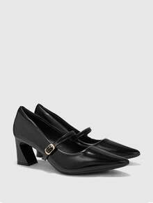 CUCCOO BIZCHIC Women's, Black, Glossy Texture, Pointed Mary Jane, Thick Heels, Workplace Commuter Dress, Work Shoes. - Black - View 1