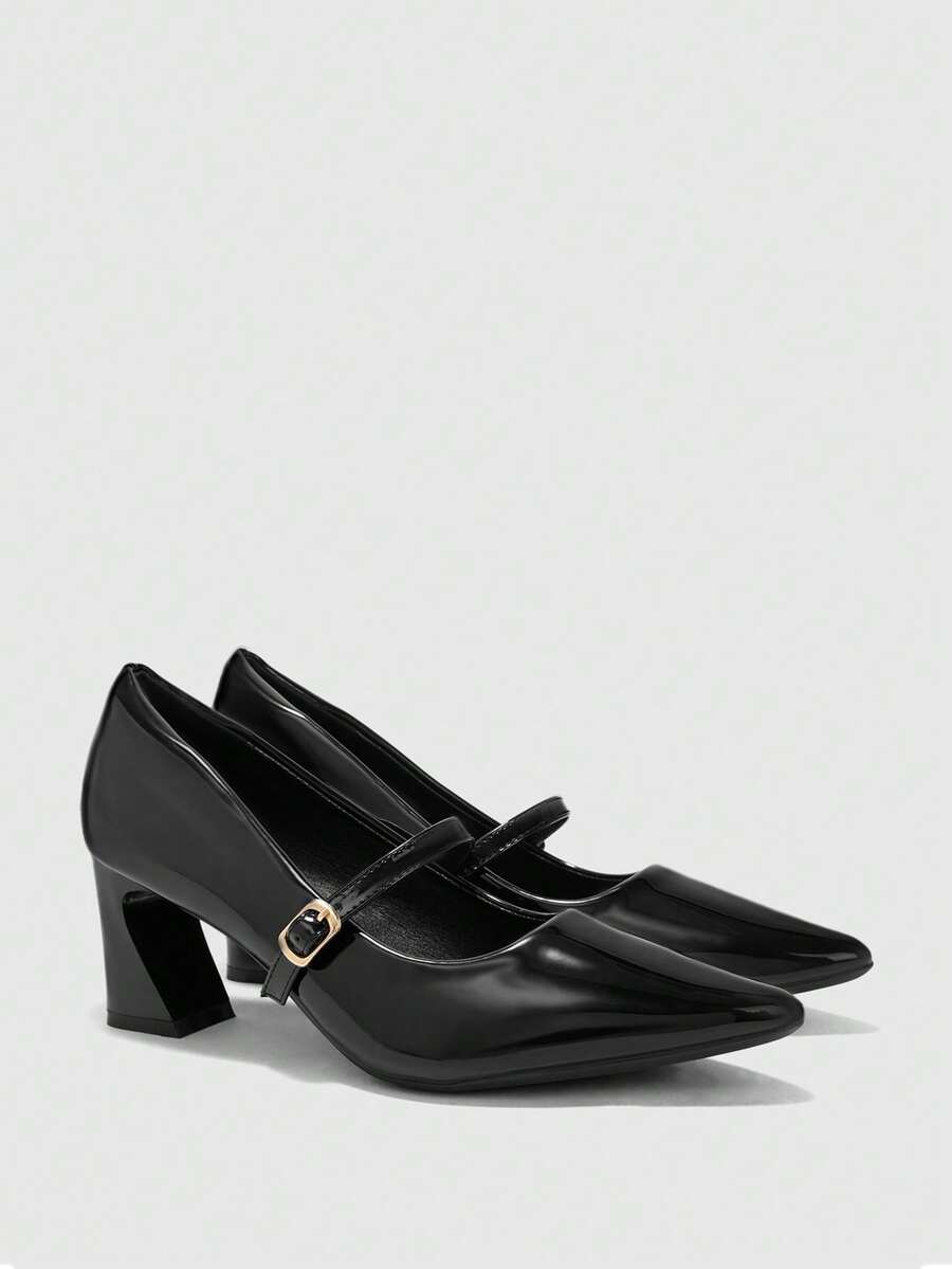 CUCCOO BIZCHIC Women's, Black, Glossy Texture, Pointed Mary Jane, Thick Heels, Workplace Commuter Dress, Work Shoes. - Black - View 1