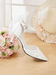 CUCCOO HITCHD Transparent Mesh Embroidered Bridal High Heels, Ankle Strap Bow High Heels, Suitable For Wedding Ceremonies And Bridal Wear. - White - View 2
